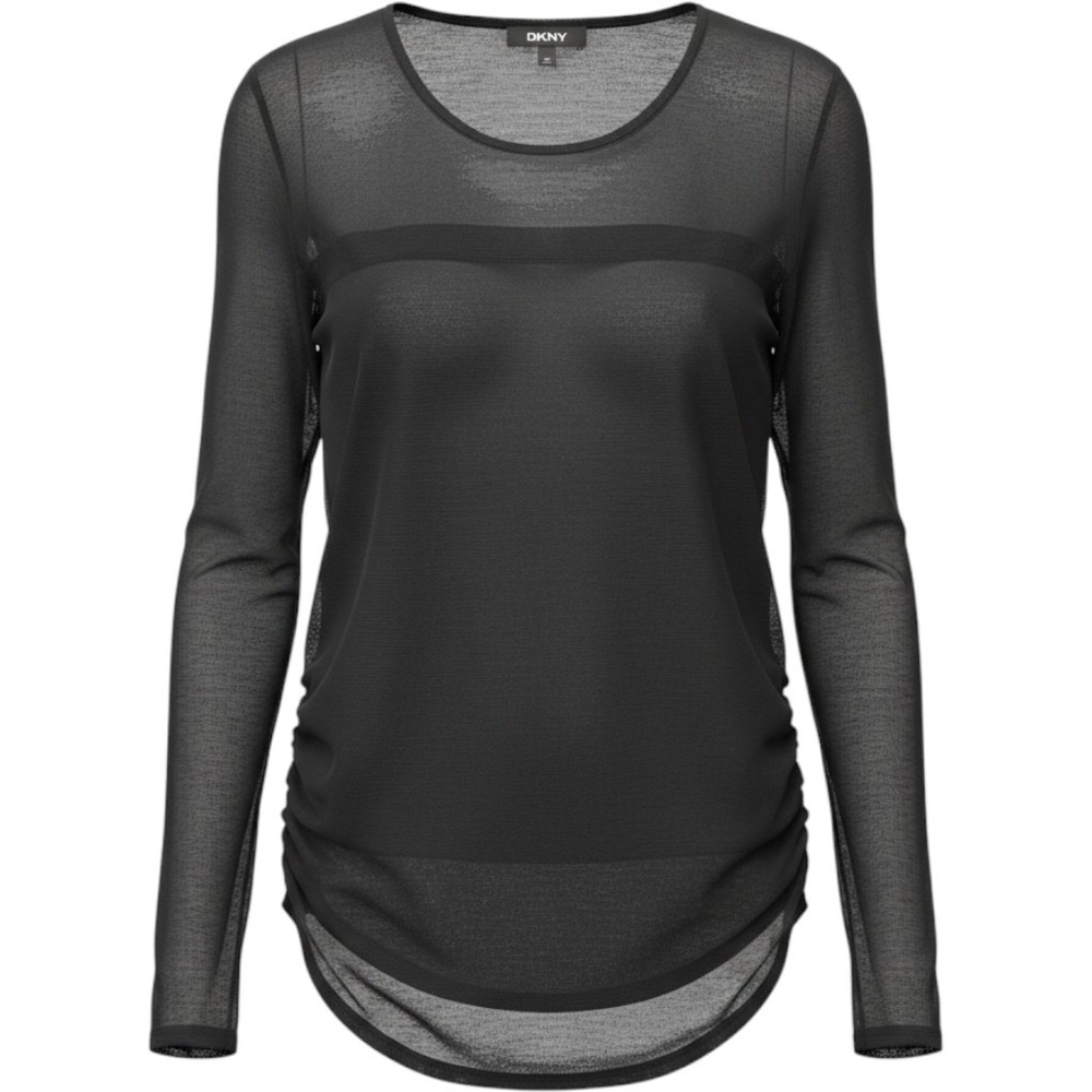 DKNY Mesh Layered Grunge Top Sheer Long Sleeve Black Ruched Bodice Top Large